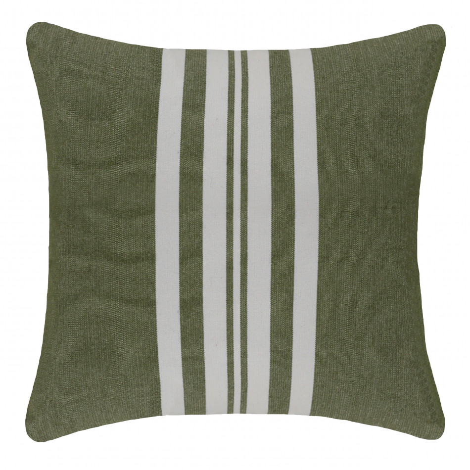 Square outdoor cushion with broad olive green and soft white vertical stripes