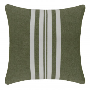 Square outdoor cushion with broad olive green and soft white vertical stripes