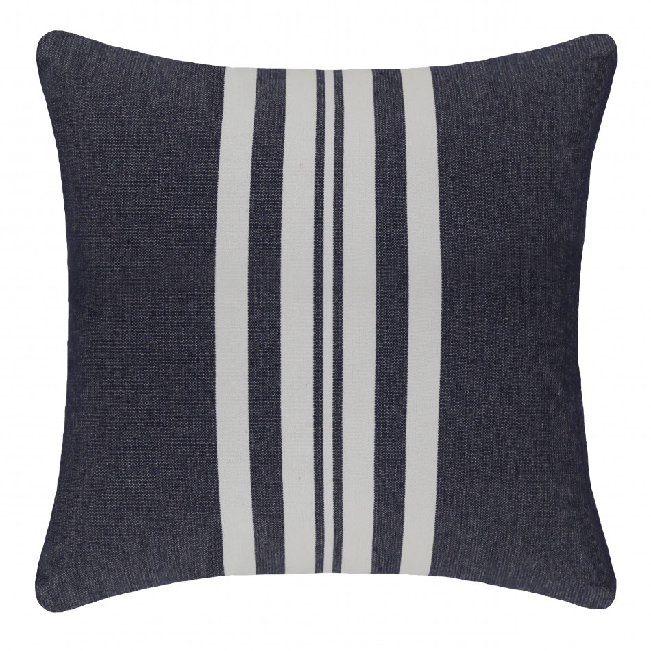 Square outdoor cushion with broad navy blue and soft white vertical stripes