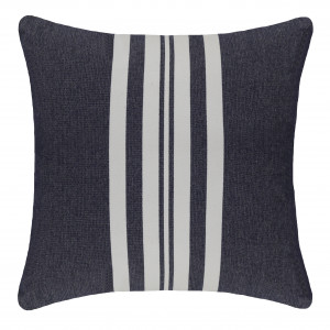 Square outdoor cushion with broad navy blue and soft white vertical stripes