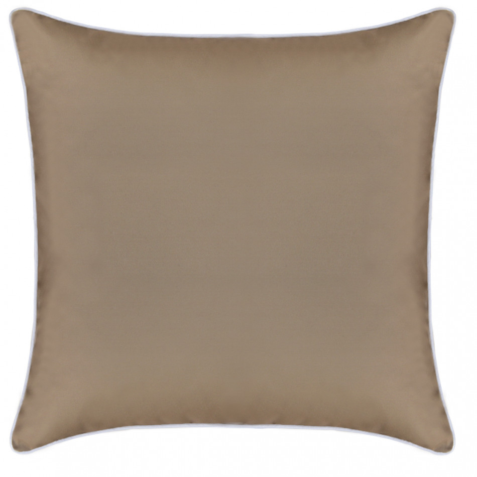 Square caramel latte outdoor cushion with contrasting white piping
