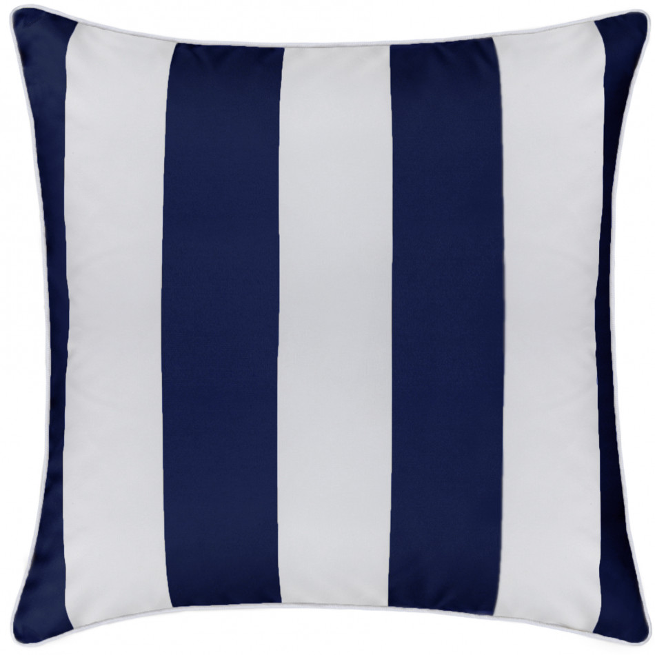 Navy and white striped Nantucket square outdoor cushion shown front-on