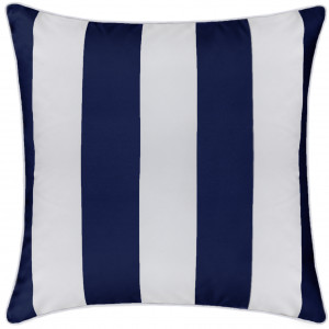 Navy and white striped Nantucket square outdoor cushion shown front-on