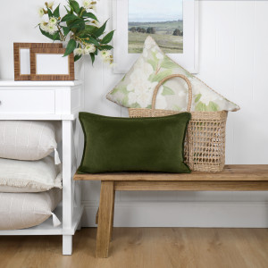 Osborne Forest Green Velvet Cushion - Lumbar, shown as a soft decorative accent for layering on seating or a bed