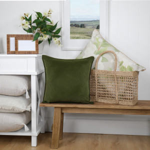 Osborne Forest Green Velvet Cushion - Square, shown as a soft decorative accent for layering on seating or a bed