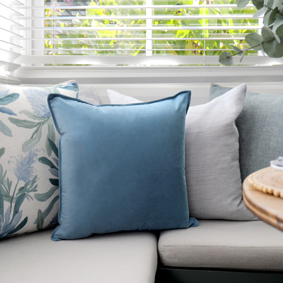 Aegean Blue Velvet Cushion, a decorative soft furnishing for a sofa, chair or bed
