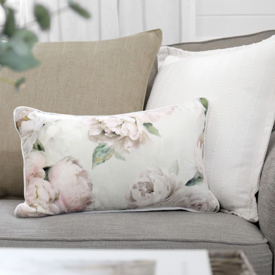 Lumbar White Peony Velvet Cushion 30x50, a decorative soft furnishing for a sofa, chair or bed