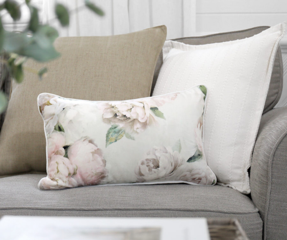 Lumbar White Peony Velvet Cushion 30x50