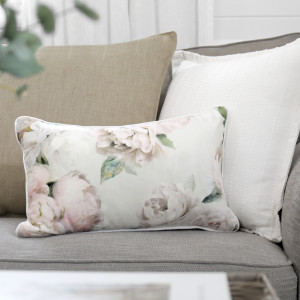 Lumbar White Peony Velvet Cushion 30x50, a decorative soft furnishing for a sofa, chair or bed