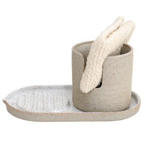 Brantham ceramic sink caddy with two cream dishcloths on a white background