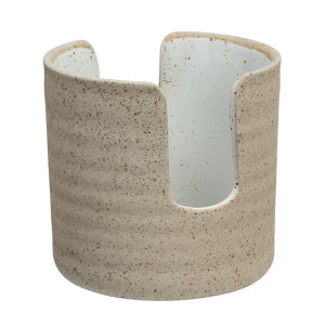 Cylindrical speckled ceramic sponge holder with wide front and rear openings
