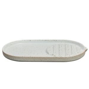 Oval speckled ceramic soap tray with raised draining ridges and shallow rim