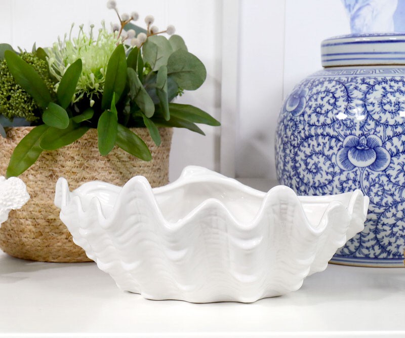 Large Clam Shell Bowl White Ceramic