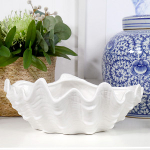 Large Clam Shell Bowl White Ceramic, indoor occasional table