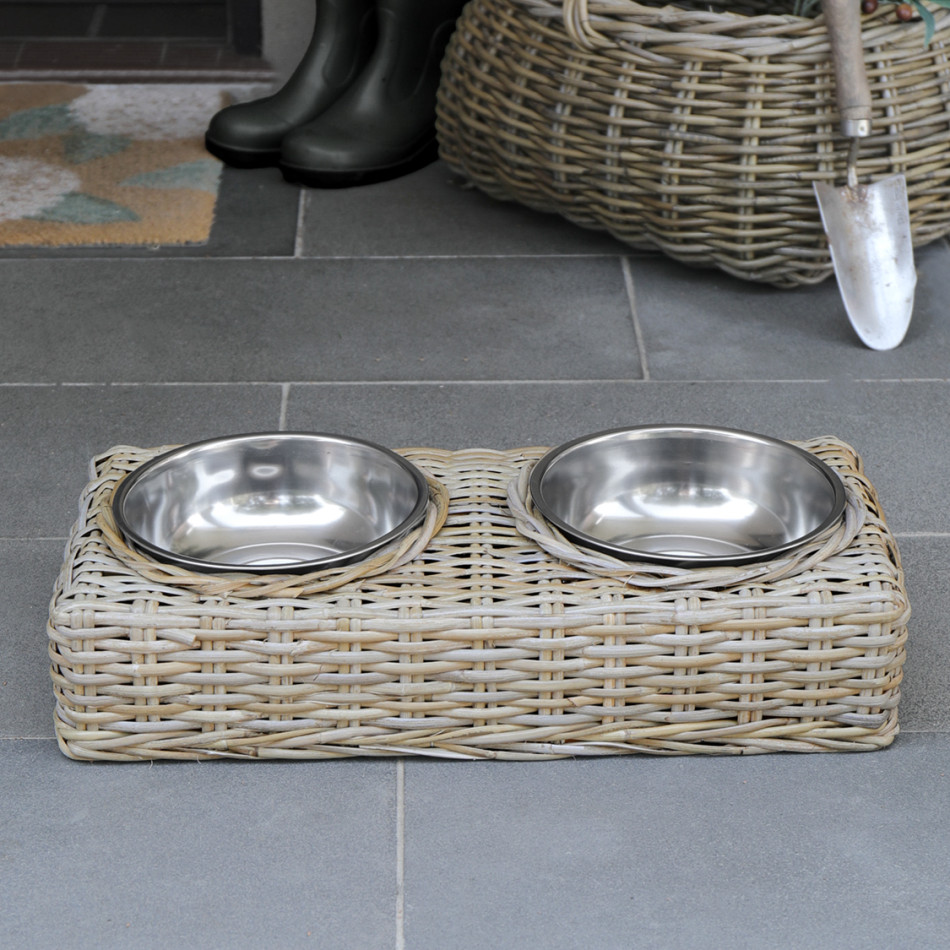 Boston Rattan Double Dog Bowl, woven storage basket
