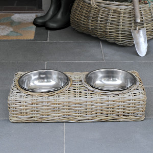Boston Rattan Double Dog Bowl, woven storage basket