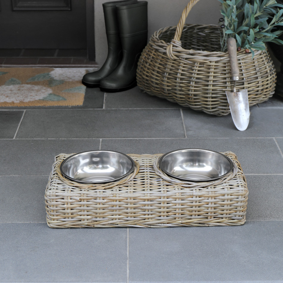 Boston Rattan Double Dog Bowl, a tabletop piece for serving or decorative display