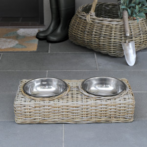 Boston Rattan Double Dog Bowl, a tabletop piece suited to serving food or creating a decorative display