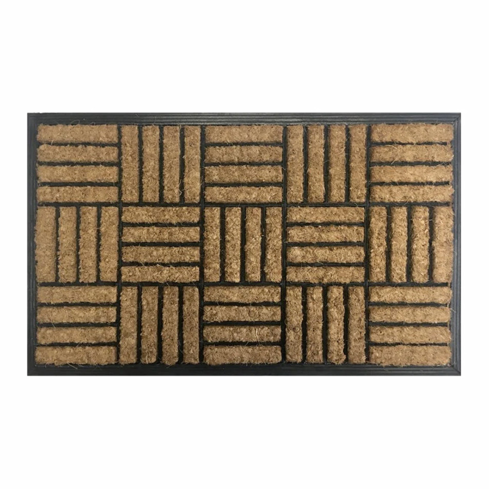Rectangular natural coir doormat with horizontal and vertical rubber lines forming a crosshatch pattern