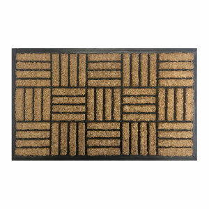 Rectangular natural coir doormat with horizontal and vertical rubber lines forming a crosshatch pattern