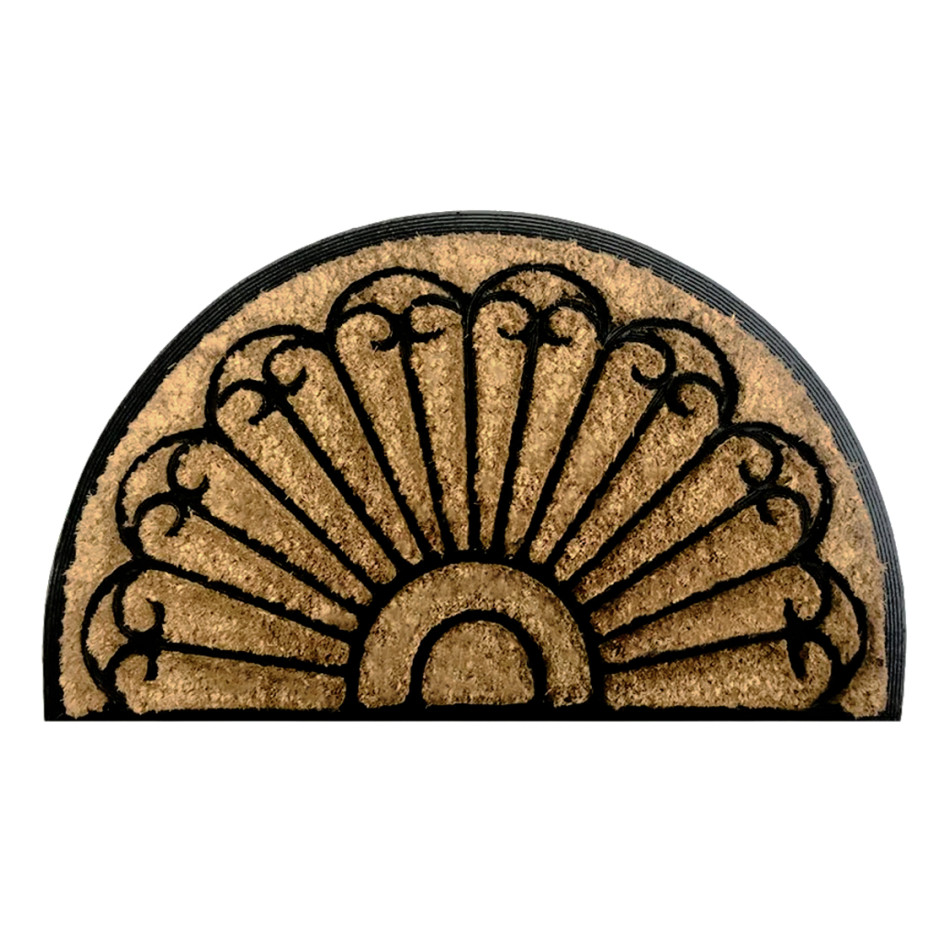 Half-round natural coir doormat with a carved fan pattern, rubber border and radiating lines