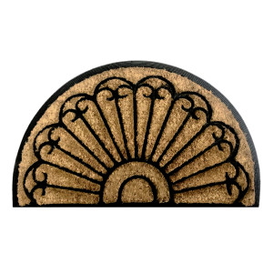 Half-round natural coir doormat with a carved fan pattern, rubber border and radiating lines