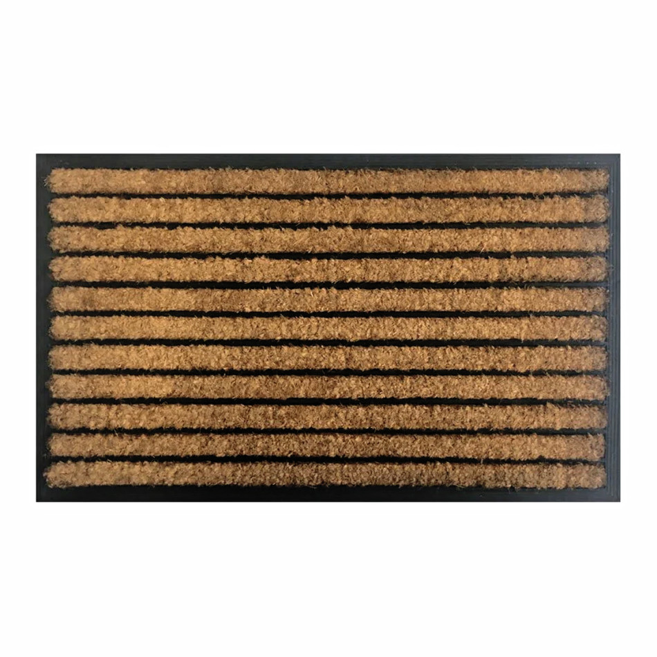 Rectangular natural coir doormat with horizontal rubber stripes and a rubber backing