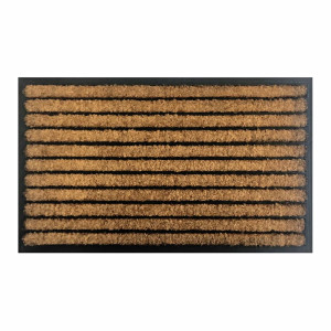 Rectangular natural coir doormat with horizontal rubber stripes and a rubber backing