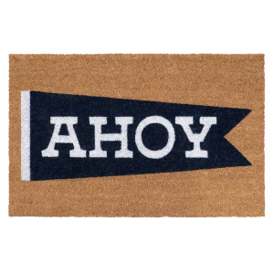 Rectangular natural coir doormat with a navy pennant and white AHOY lettering on a white background