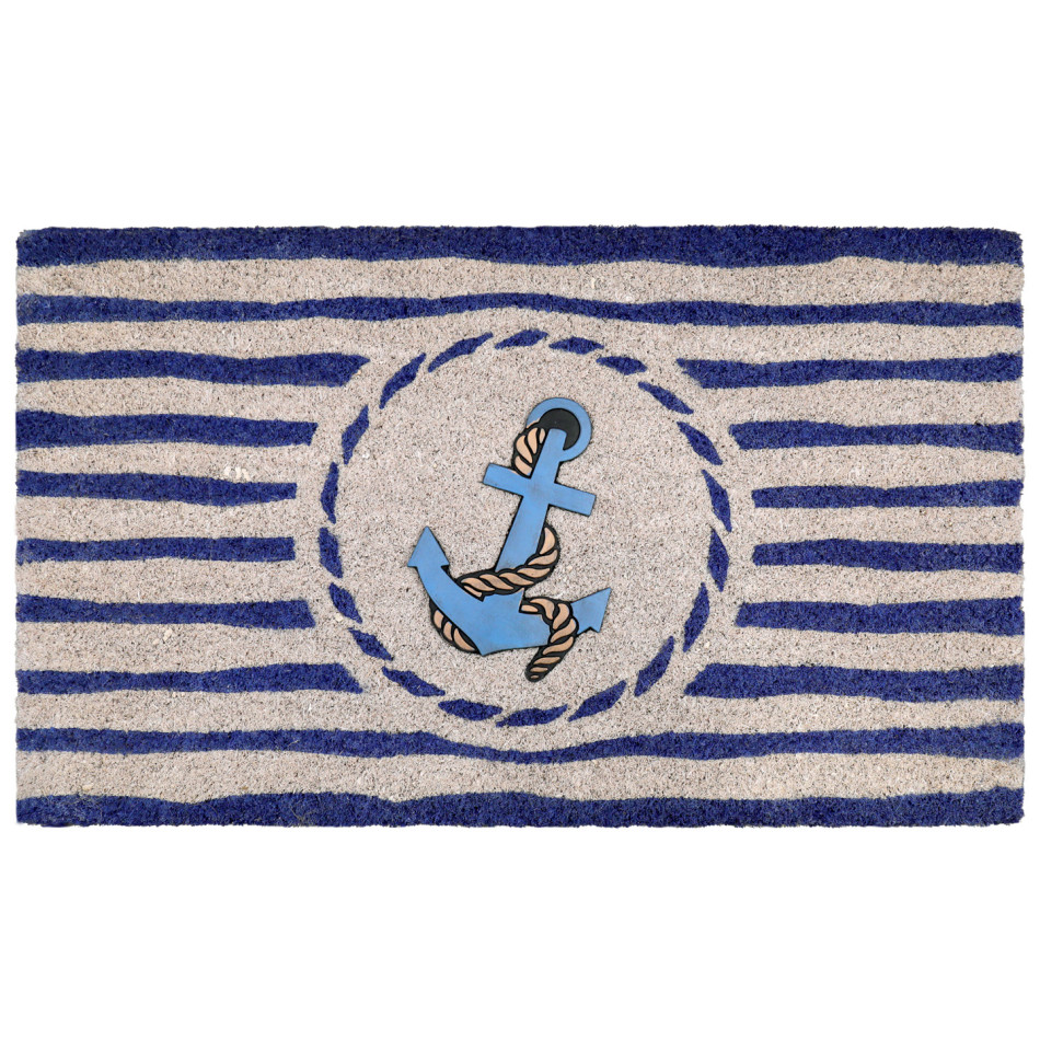 Rectangular coir doormat with navy stripes and a central blue anchor and rope design on a white background