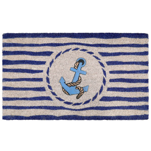 Rectangular coir doormat with navy stripes and a central blue anchor and rope design on a white background
