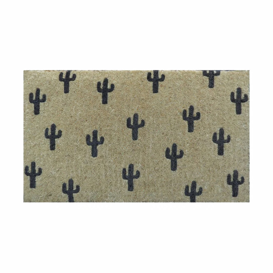 Natural coir doormat patterned with repeating black cactus silhouettes