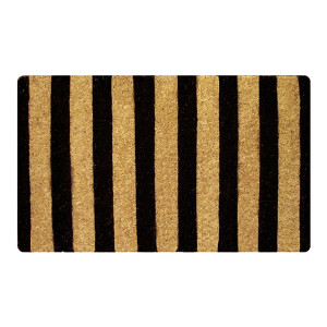 Rectangular natural coir doormat printed with bold black stripes