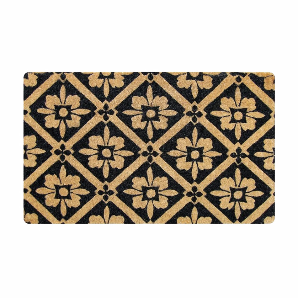 Black Victorian tile pattern printed across a rectangular natural coir doormat