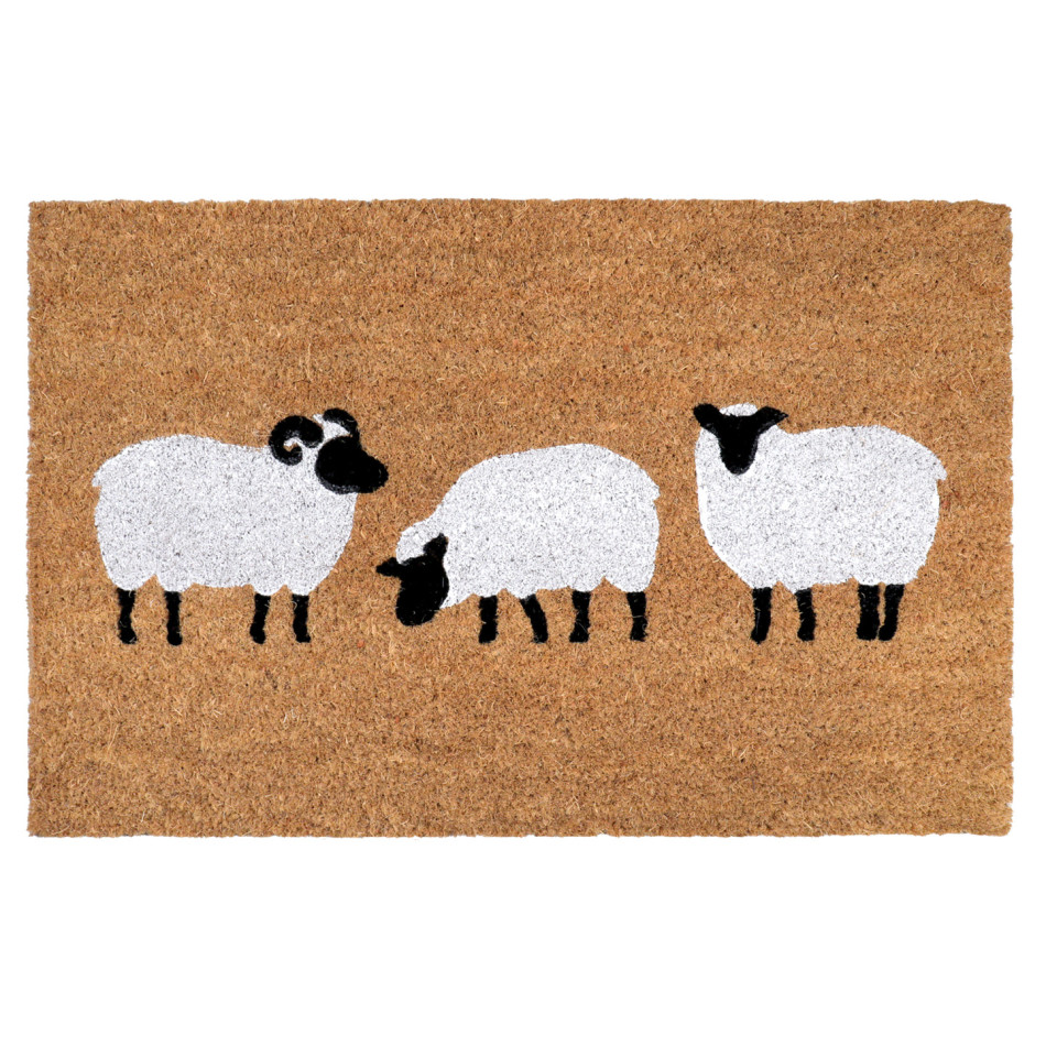 Rectangular natural coir doormat featuring three white sheep with black faces, shown on a white background