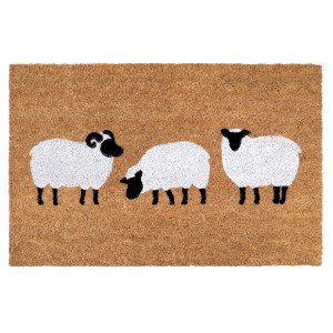 Rectangular natural coir doormat featuring three white sheep with black faces, shown on a white background