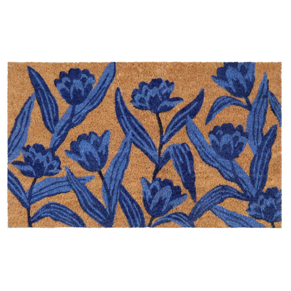 Rectangular natural coir doormat with large blue tulips and sweeping leaves, shown on a white background