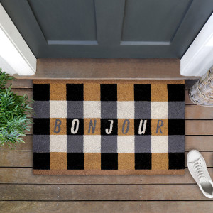 Bonjour Black Gingham Doormat 80x50cm, presented as a decorative entrance mat for the front doorway