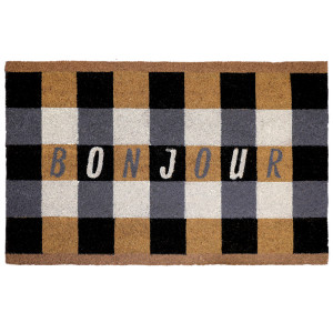 Bonjour Black Gingham Doormat 80x50cm, an entrance mat designed for a doorway