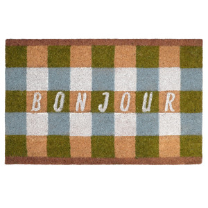 Rectangular Bonjour coir doormat with green, blue-grey, white and natural gingham checks on a white background