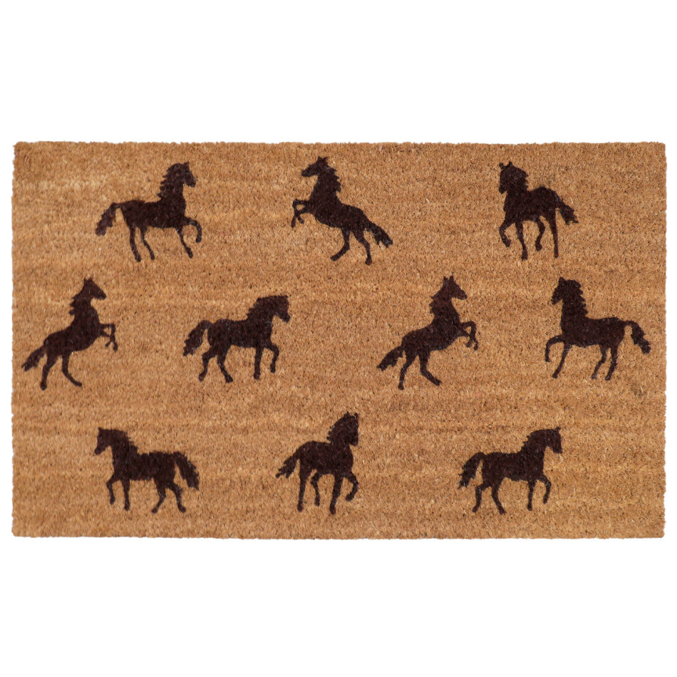 Rectangular natural coir doormat with ten dark brown horse silhouettes, shown on a white background