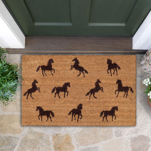 Horse-patterned coir doormat at a green door, with stone paving, leafy greenery and white flowers