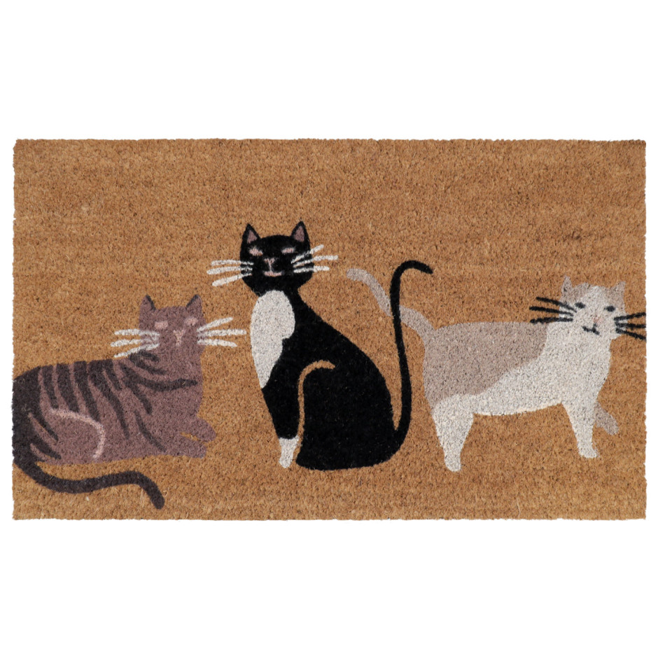 Rectangular coir doormat with striped, black-and-white and grey-and-white cats on a white background