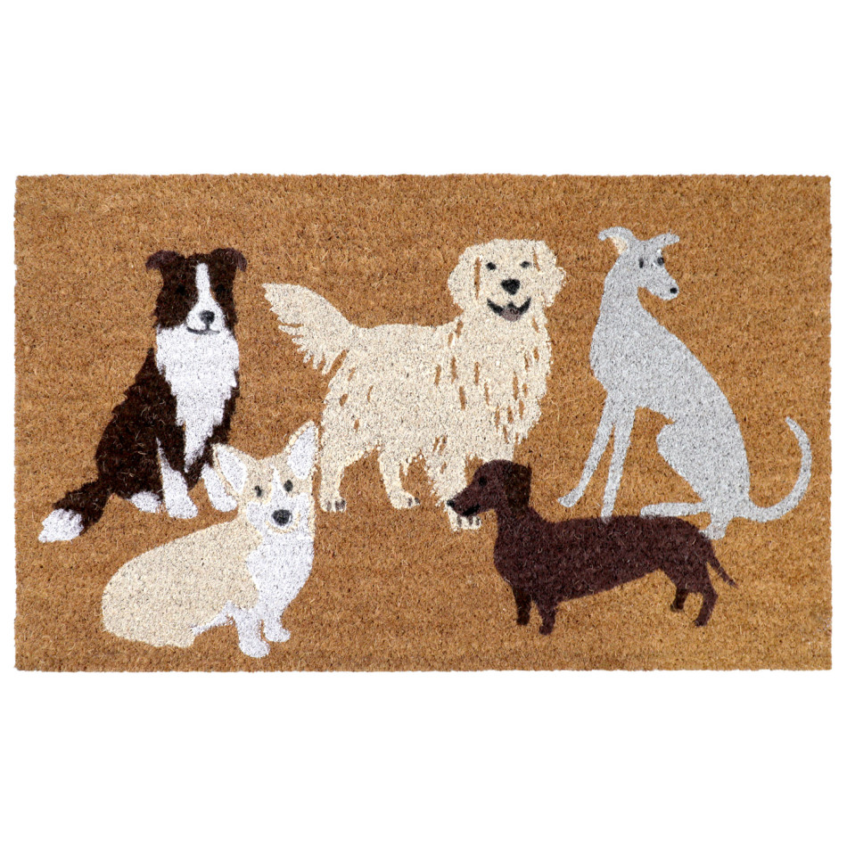 Rectangular natural coir doormat featuring five dogs in cream, grey, white and brown on a white background