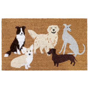 Rectangular natural coir doormat featuring five dogs in cream, grey, white and brown on a white background