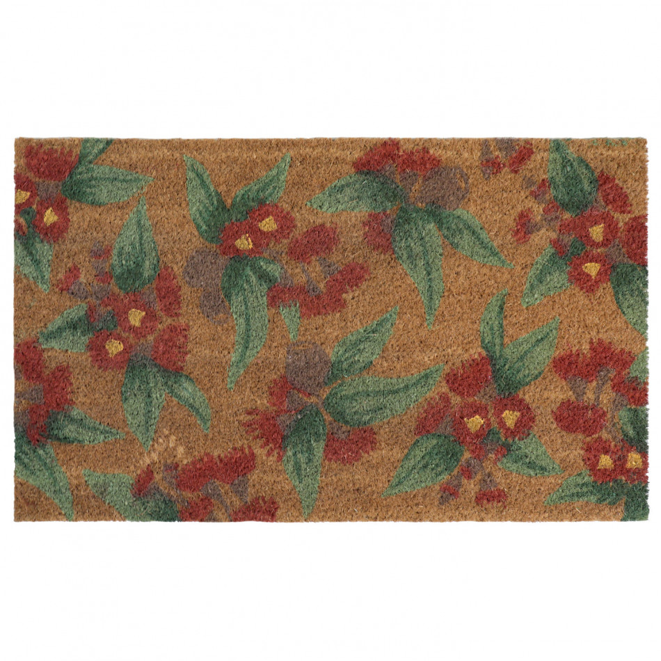 Rectangular Natalie coir doormat with a red and green native botanical design