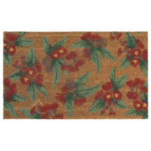 Rectangular Natalie coir doormat with a red and green native botanical design