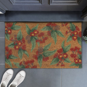 Red eucalyptus floral doormat displayed as a decorative entrance mat