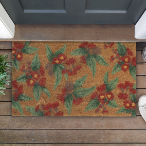 Natural coir doormat with painted red eucalyptus flowers and green leaves