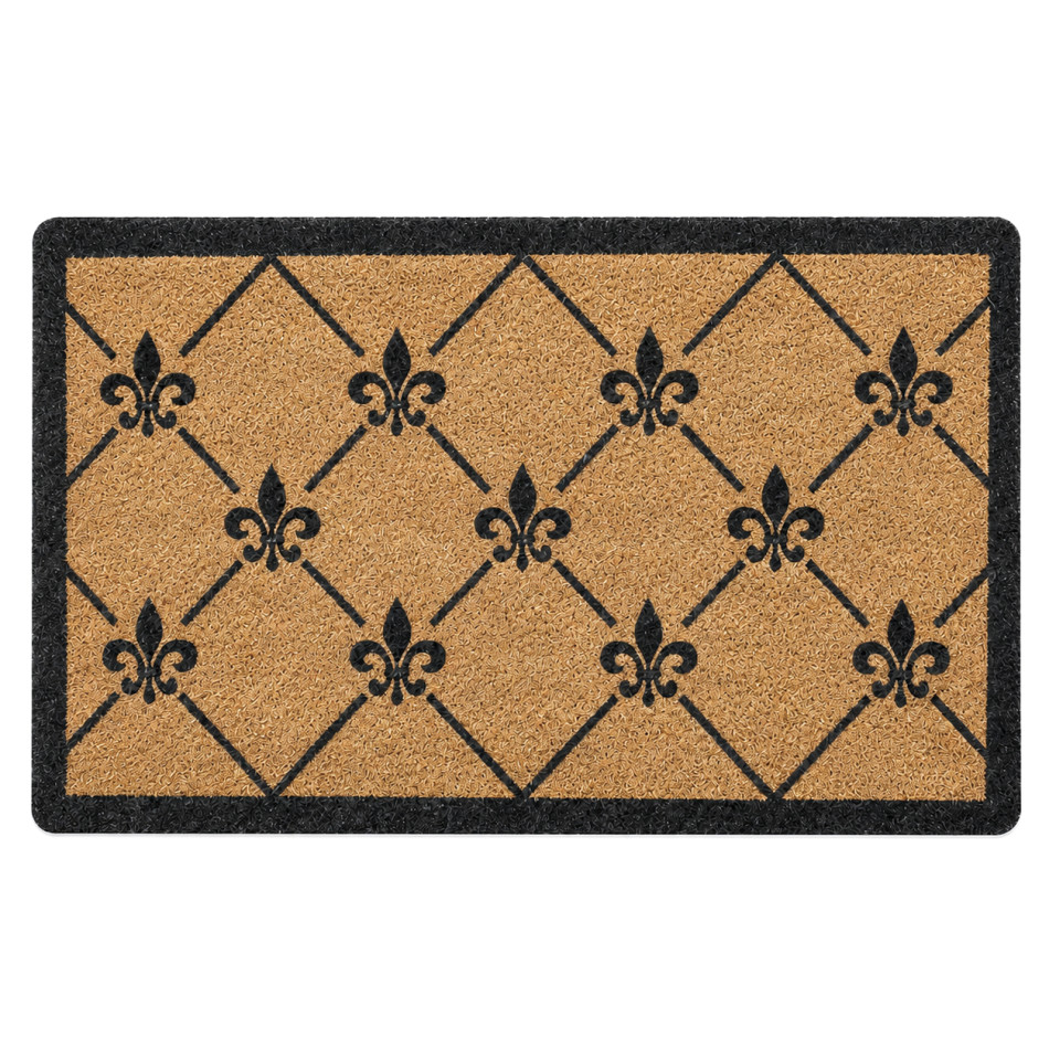 Natural coir doormat with a repeating fleur de lys trellis design and slim profile